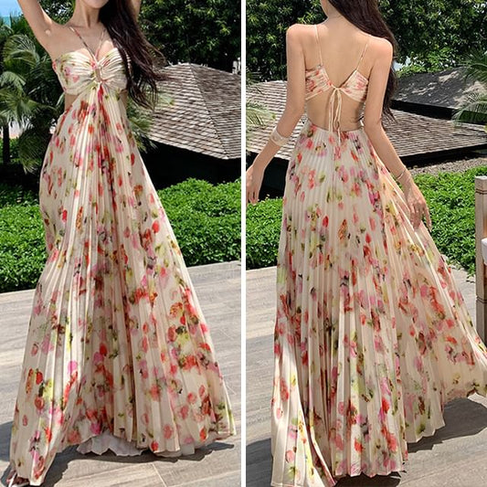 A-Line Cutout Maxi Halter Open Print Back Pleated Neck Dress Floral