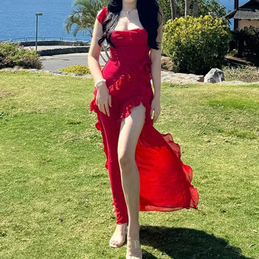 Sleeveless Slit Plain Neck Open Bodycon Trim Square Ruffle Back Maxi Dress