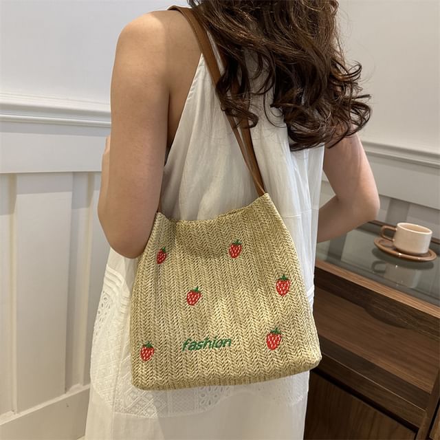 Embroidered Tote Bag With Faux Leather Strap