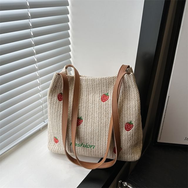 Embroidered Tote Bag With Faux Leather Strap