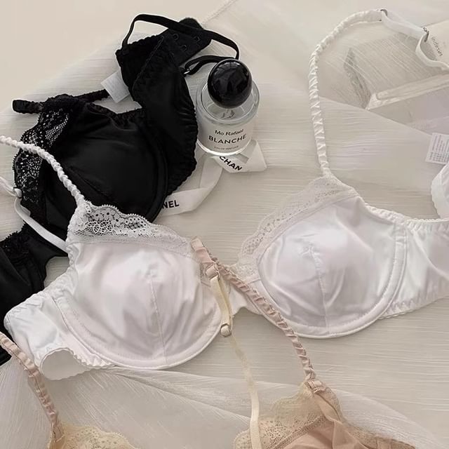 Plain Lace Trim Satin Bra / Panty / Set