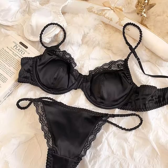 Plain Lace Trim Satin Bra / Panty / Set