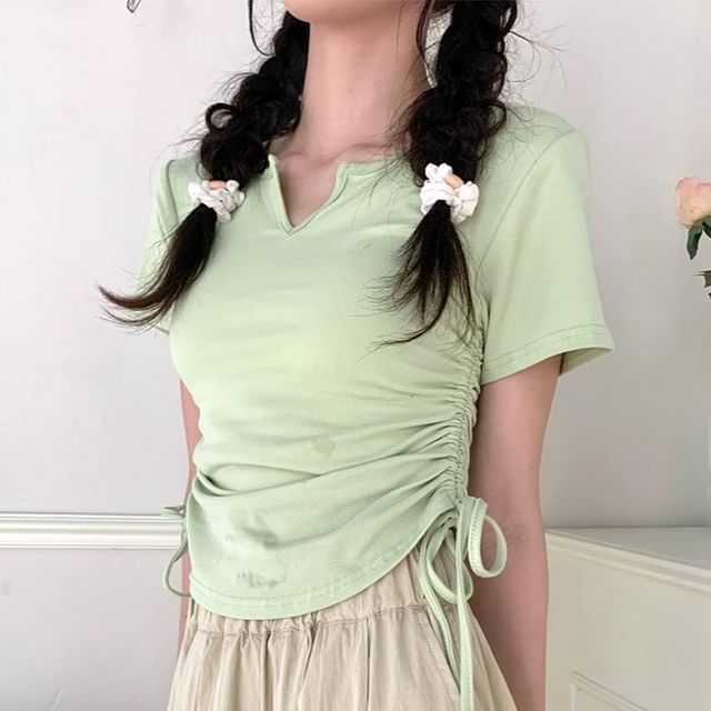Short-Sleeve Notch Tee Drawstring Plain Waist Neck