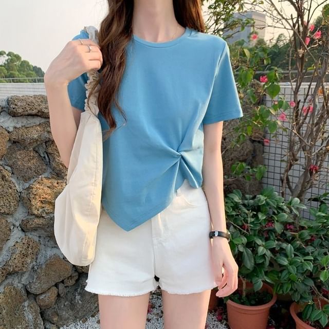 Asymmetrical Plain Short-Sleeve T-Shirt Neck Ruched Crew