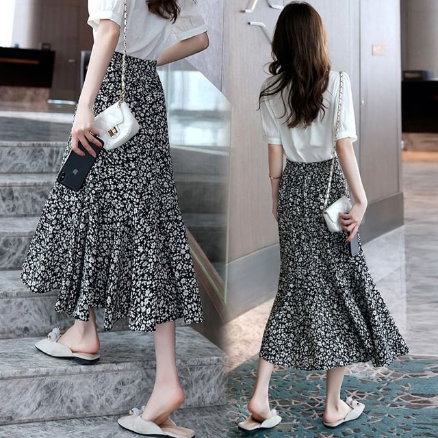Floral A-Line Midi Print Waist Elastic Skirt