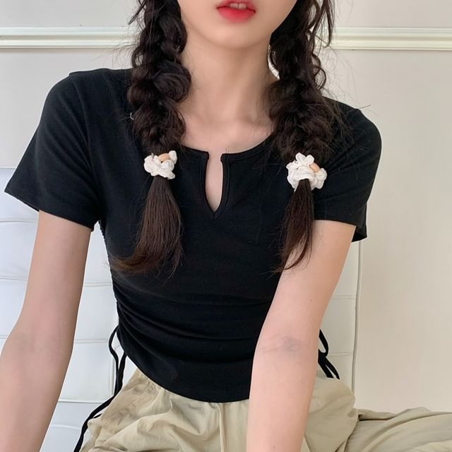 Short-Sleeve Notch Tee Drawstring Plain Waist Neck