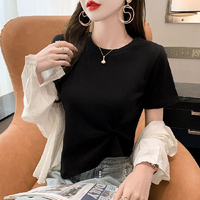 Asymmetrical Plain Short-Sleeve T-Shirt Neck Ruched Crew