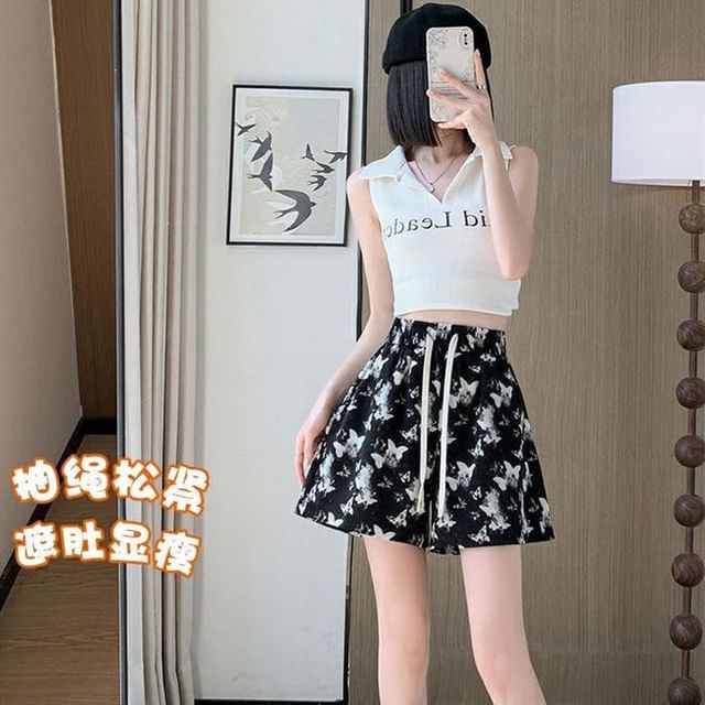 Drawstring Shorts Waist Butterfly Print