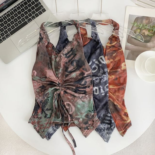 Tanktop aus Netzstoff mit Neckholder-Print und Kordelzug