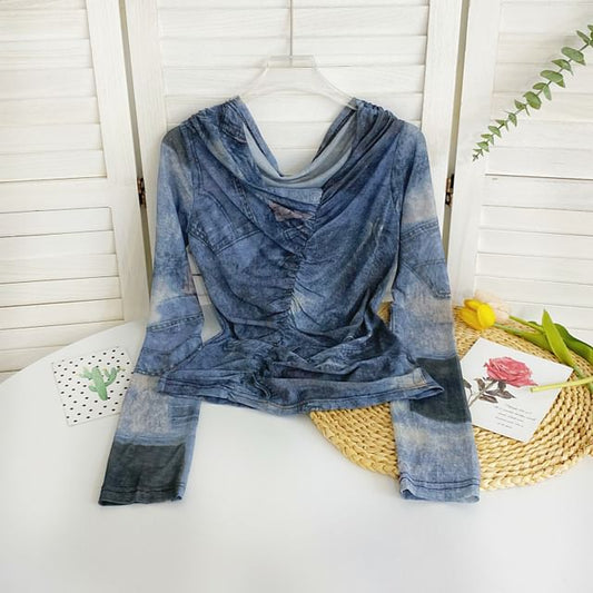 Haut en maille froncée à manches longues et col bénitier avec motif tie-dye