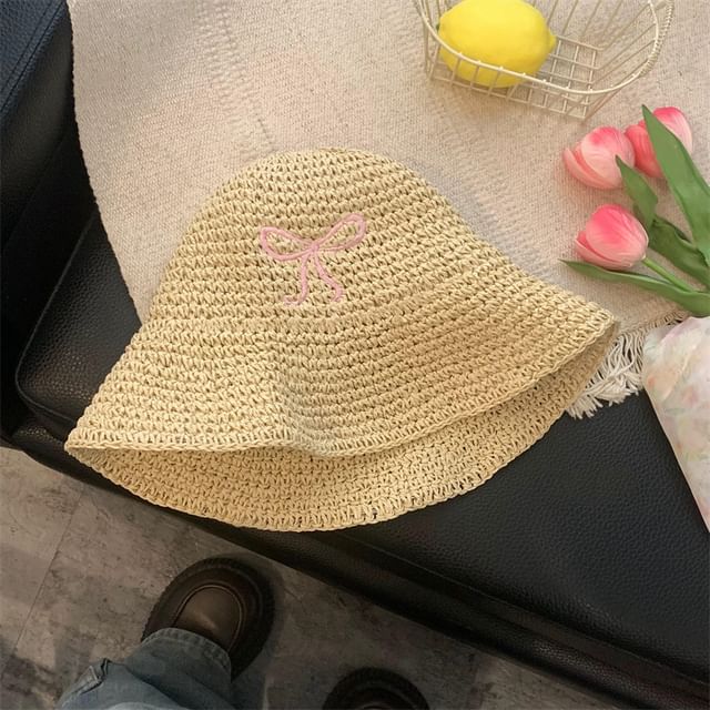 Knit Bucket Embroidered Bow Hat