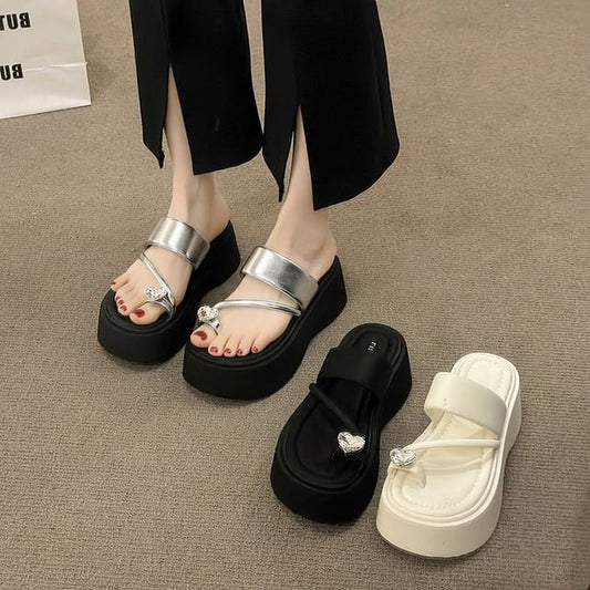 Platform Loop Rhinestone Heart Sandals Toe Slide
