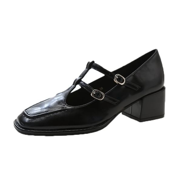 Double-Strap Square Jane Pumps Toe Chunky Heel Mary