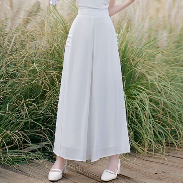 Traditional Chinese Short-Sleeve Stand Collar Plain Cutout Frog Buttoned Top / High Waist Cropped Culottes / Set