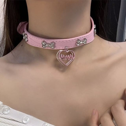 Heart Choker Rhinestone Leather Faux