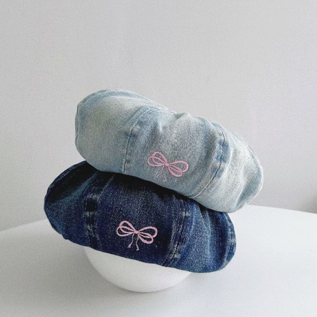 Bow Embroidered Washed Denim Beret