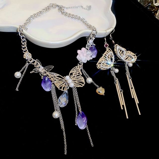 Butterfly Earring Necklace Fringed /