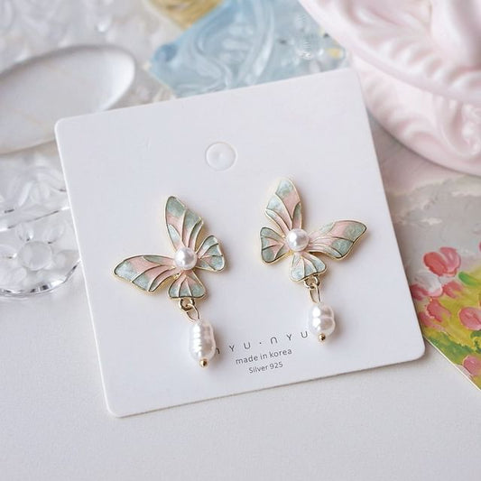 Enamel Pearl Drop Clip On Earring Faux Butterfly /