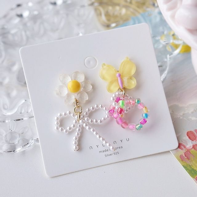 Flower Asymmetrical On / Beaded Drop Clip Earring