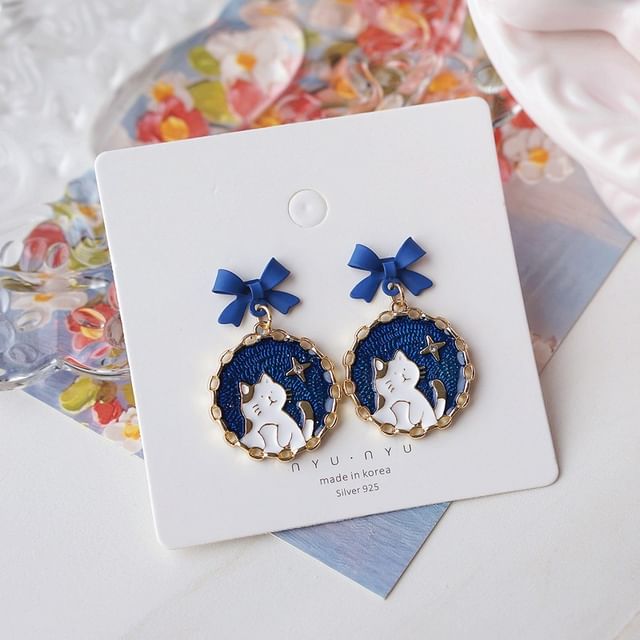 / On Cat Earring Bow Drop Clip Enamel