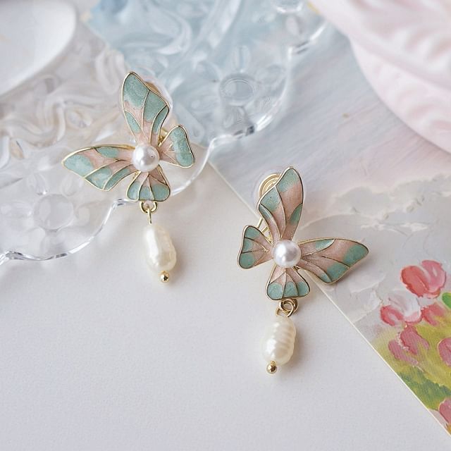 Enamel Pearl Drop Clip On Earring Faux Butterfly /