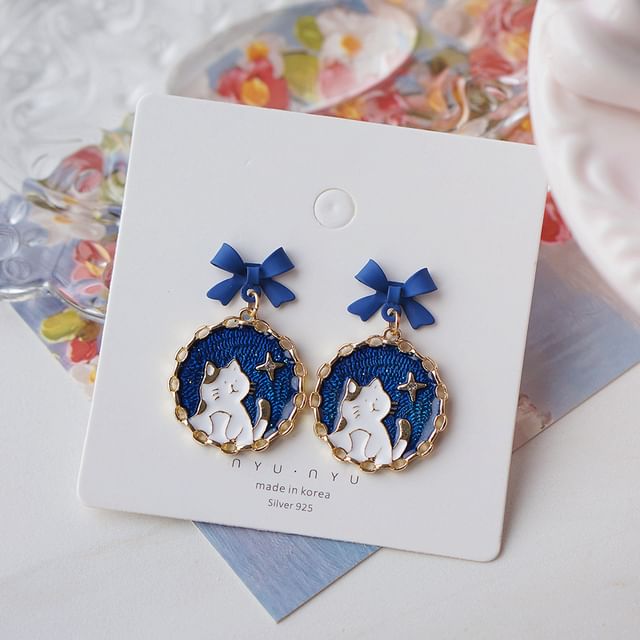 / On Cat Earring Bow Drop Clip Enamel