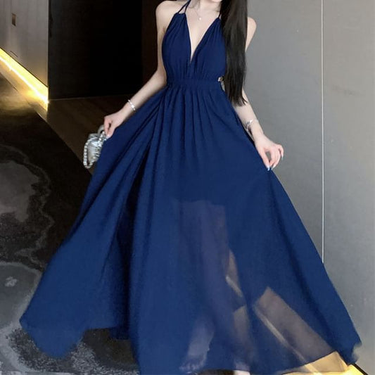 Plain Maxi A-Line Halter Dress Side-Slit