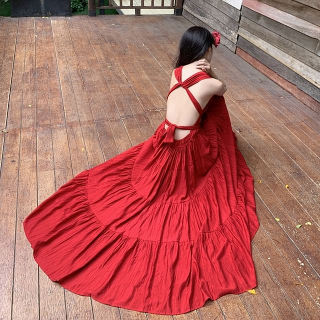 Plain V-Neck Sleeveless Dress A-Line Maxi