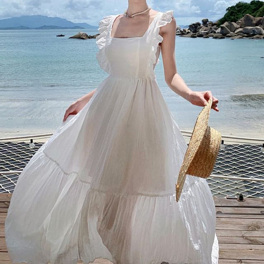 Back Plain Dress Sleeveless Trim A-Line Lace Maxi Open