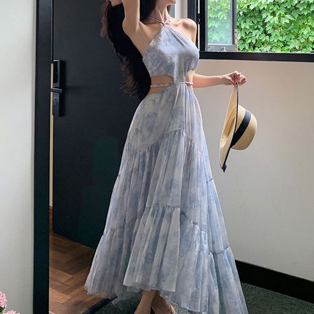 Cutout A-Line Floral Maxi Dress Halter