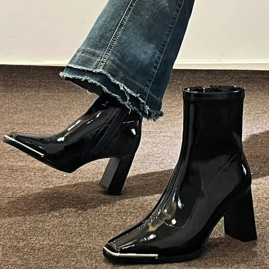 Short Zip-Up Patent Chunky Leather Boots Heel Plain