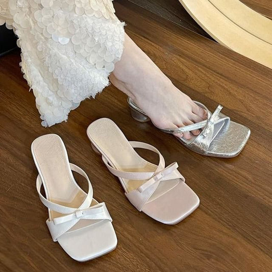 Square Accent Heel Sandals Leather Faux Toe Chunky Bow Plain