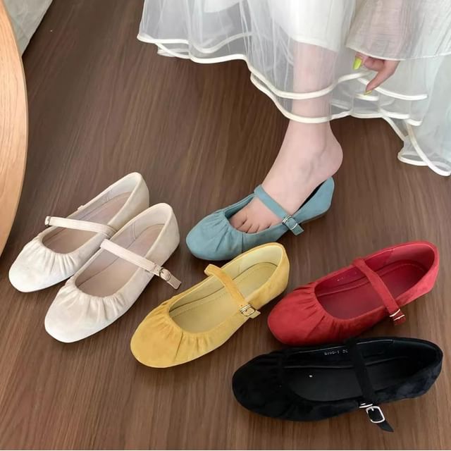 Ruched Faux Jane Suede Mary Plain Flats