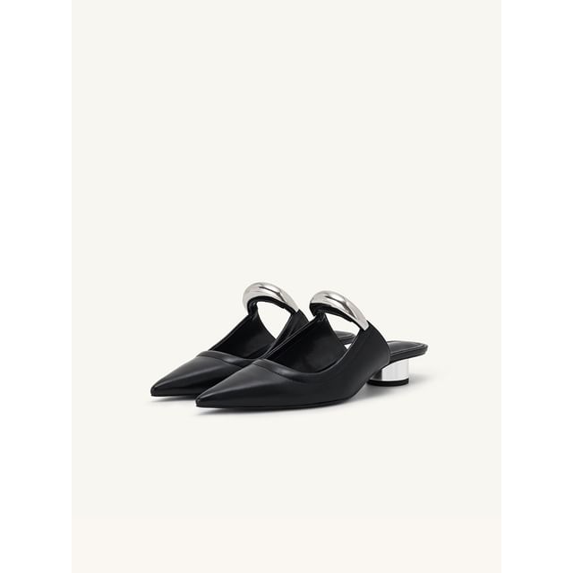 Pointed Mules Metal Accent Chunky Heel Leather Faux Toe
