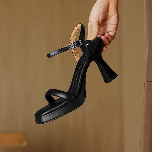 Ankle Faux Leather Strap Plain Square Heel Sandals Toe High