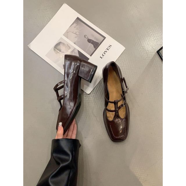 Chunky Jane Toe Heel T-Strap Plain Mary Square Pumps