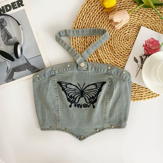 Neckholder-Crop-Jeanstop mit Schmetterlingsstickerei und verwaschenem Panel