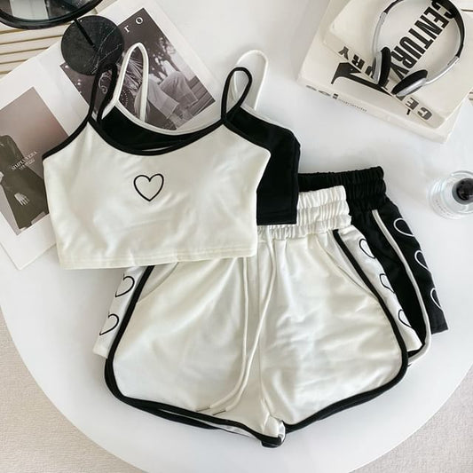 Set: Heart Embroidered Contrast Trim Crop Cami Top + Drawstring Waist Sweat Shorts