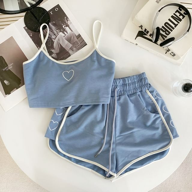 Set: Heart Embroidered Contrast Trim Crop Cami Top + Drawstring Waist Sweat Shorts