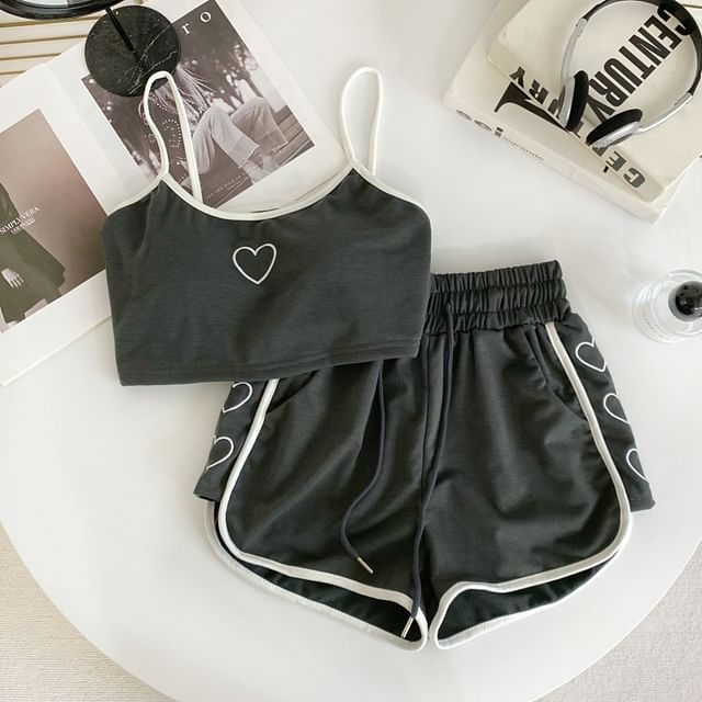 Set: Heart Embroidered Contrast Trim Crop Cami Top + Drawstring Waist Sweat Shorts