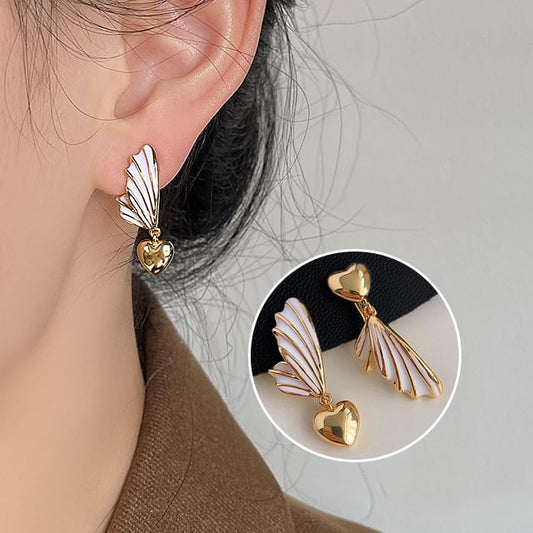 On Clip Heart Earring Wing Drop Asymmetrical