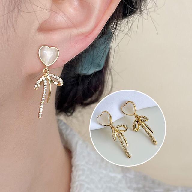 Earring Rhinestone Clip On Heart Drop Bow