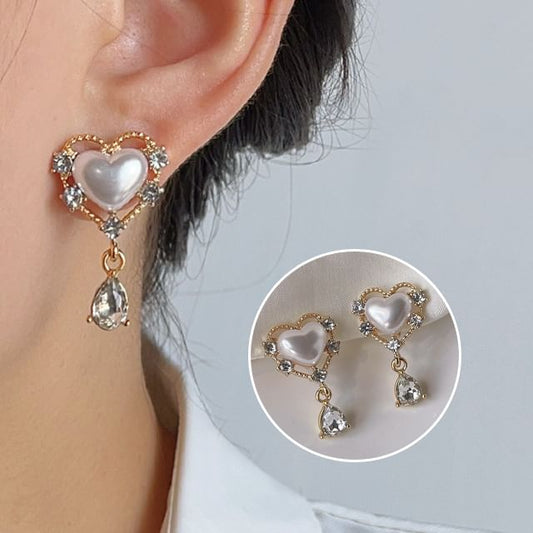 On Rhinestone Clip Heart Drop Pearl Earring Faux