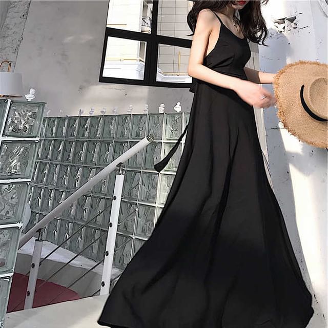 Spaghetti Plain Back Strap Sundress Open Maxi