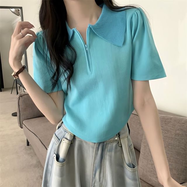 Half Zip Knit Top Collared Short-Sleeve
