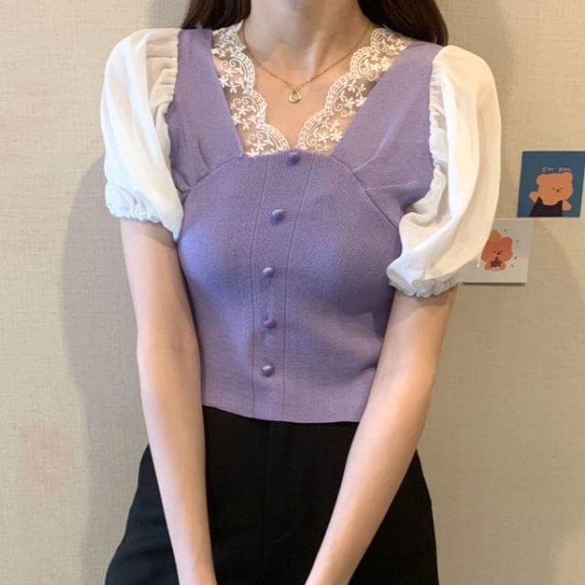 Panel V-Neck Short-Sleeve Embroidered Button Top