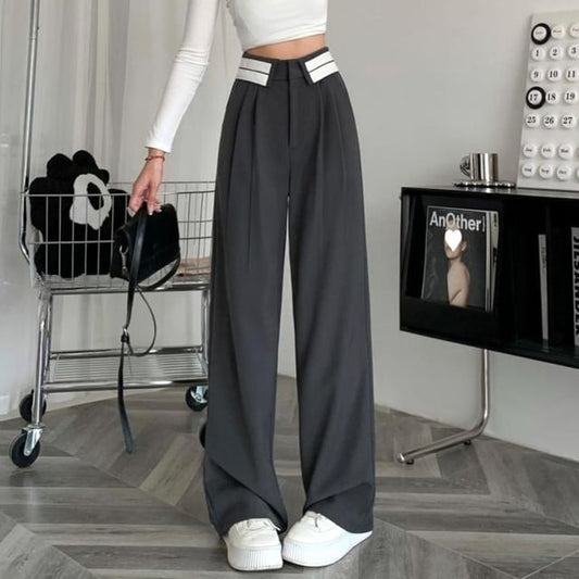 Suit Leg Pants Pleated Striped High Waist Wide
