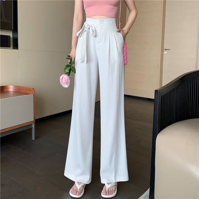 Wide Dress Leg Pants Plain Tie-Up High Waist