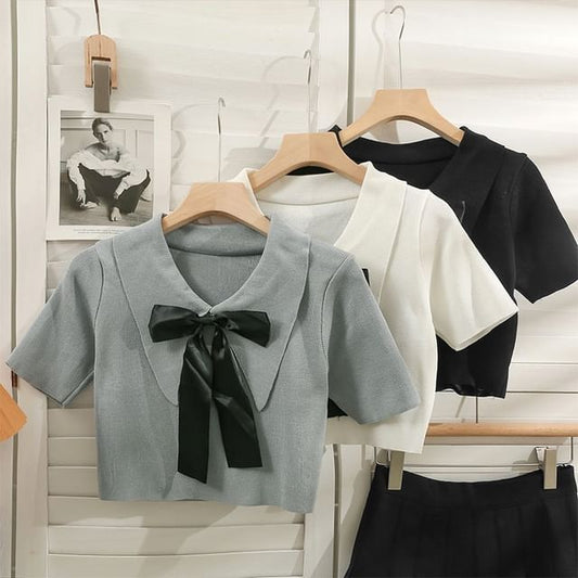 Bow Crop Top Knit Short-Sleeve Collared