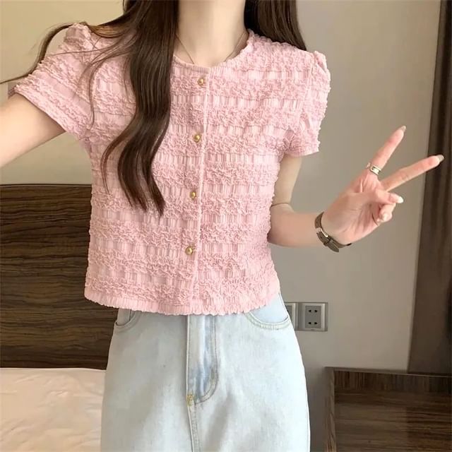 Round Neck Plain Short-Sleeve Top Button Frill